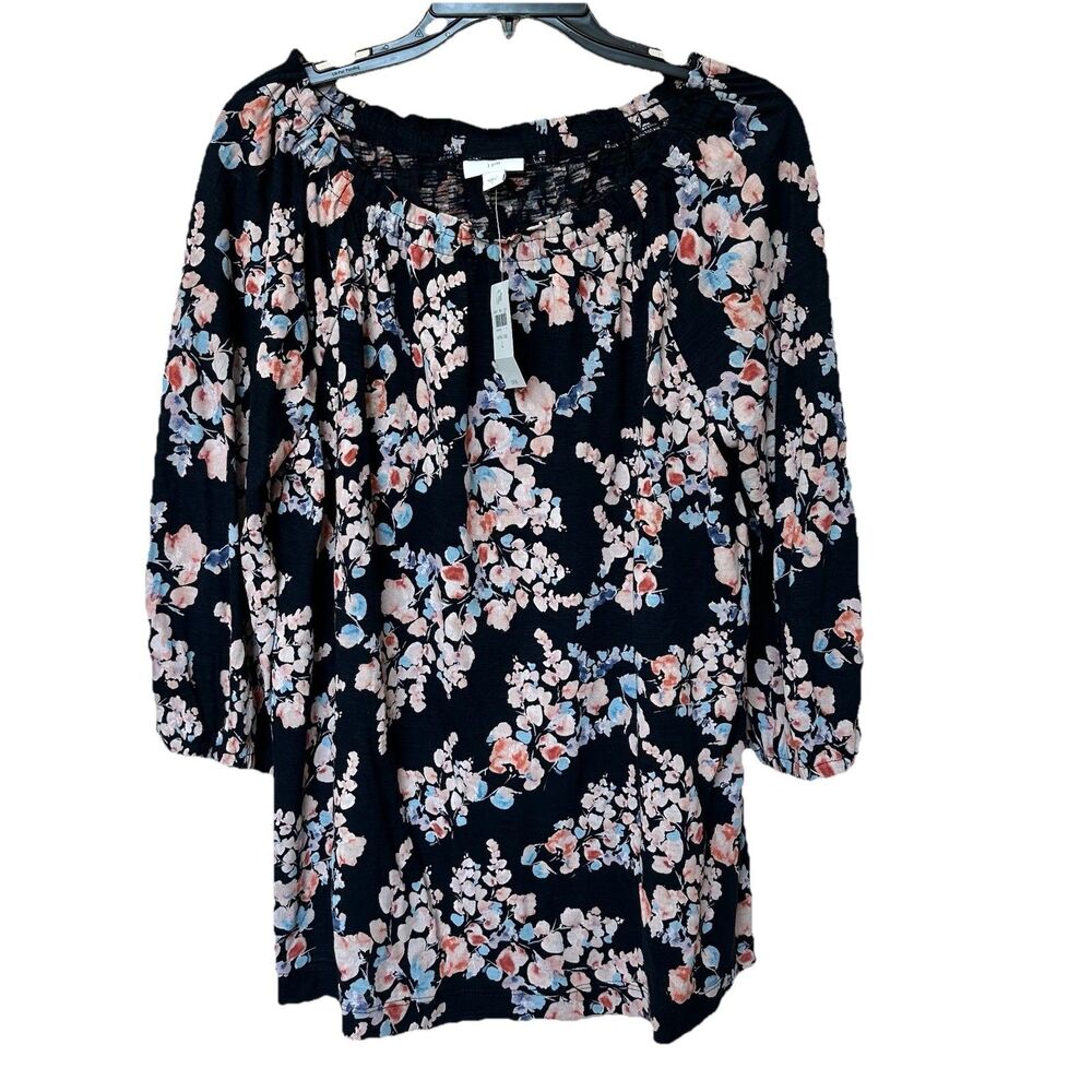 CHICOS 2 Lg Top Pullover Stretch 3/4 Sleeve Dark Floral Boho Whimsy NWT
